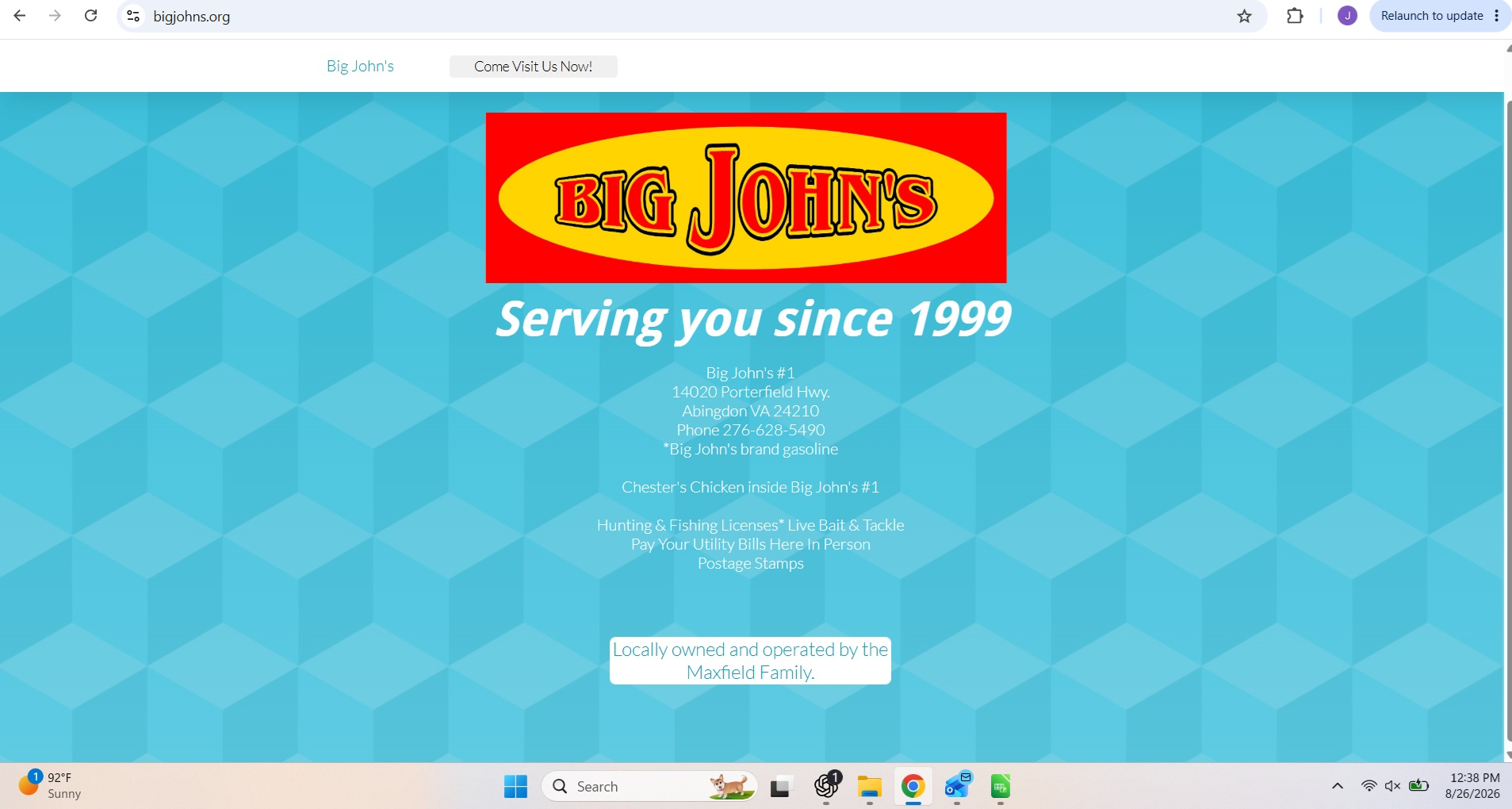 The previous Big John’s one-page website with a blue geometric background and centered store information