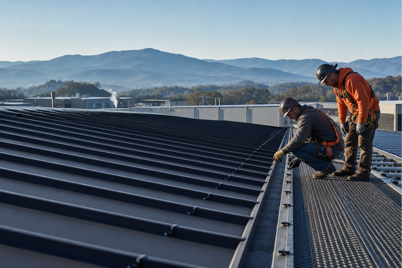 Roof professionals inspecting a commercial standing-seam metal roof