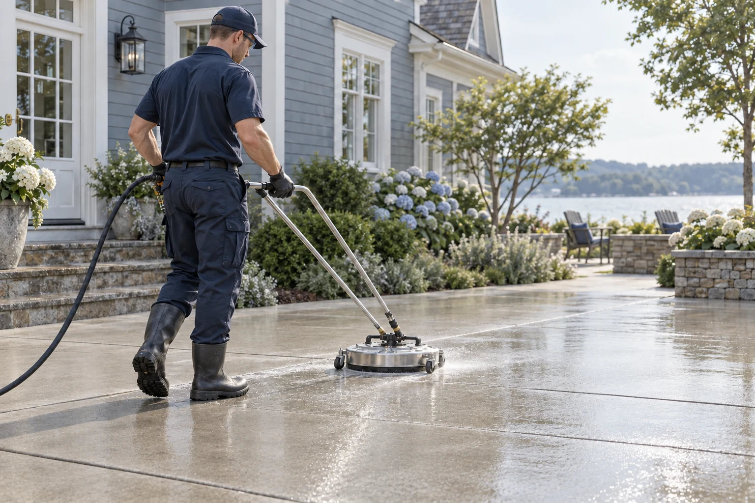 Generated inspiration: a technician cleaning a concrete patio