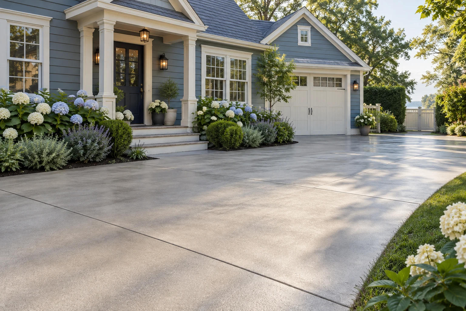 Generated inspiration: a clean concrete driveway outside a blue-gray cottage