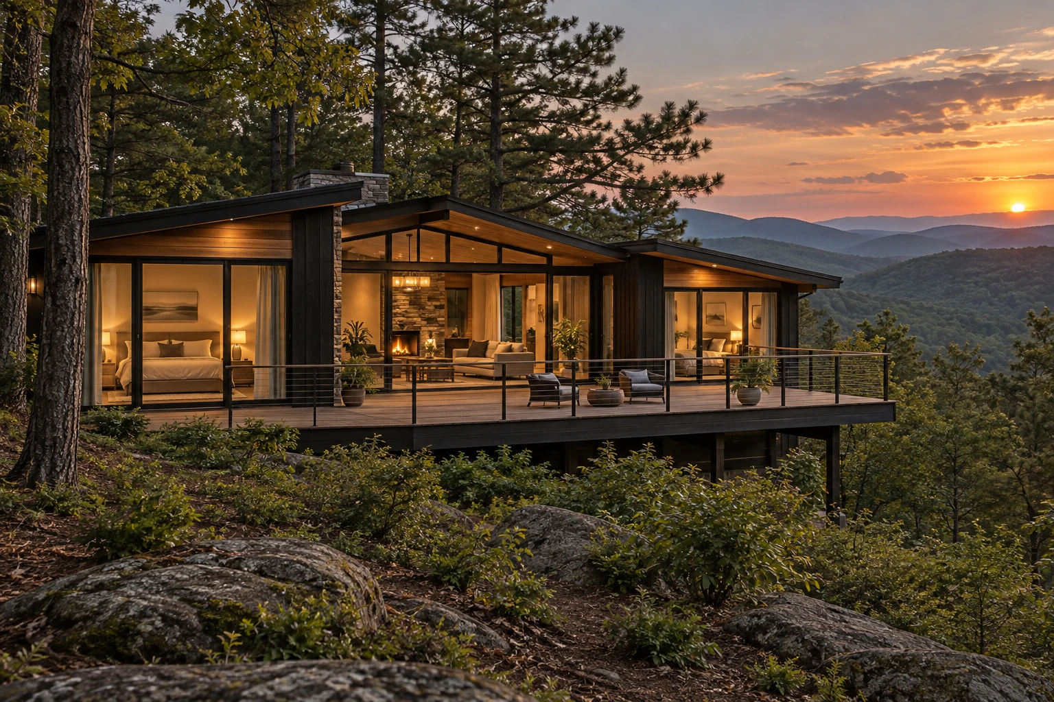 Generated inspiration: a wider woodland cabin with two glazed bedroom wings