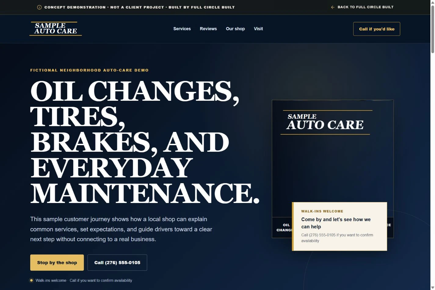 Preview of the fictional Sample Auto Care website