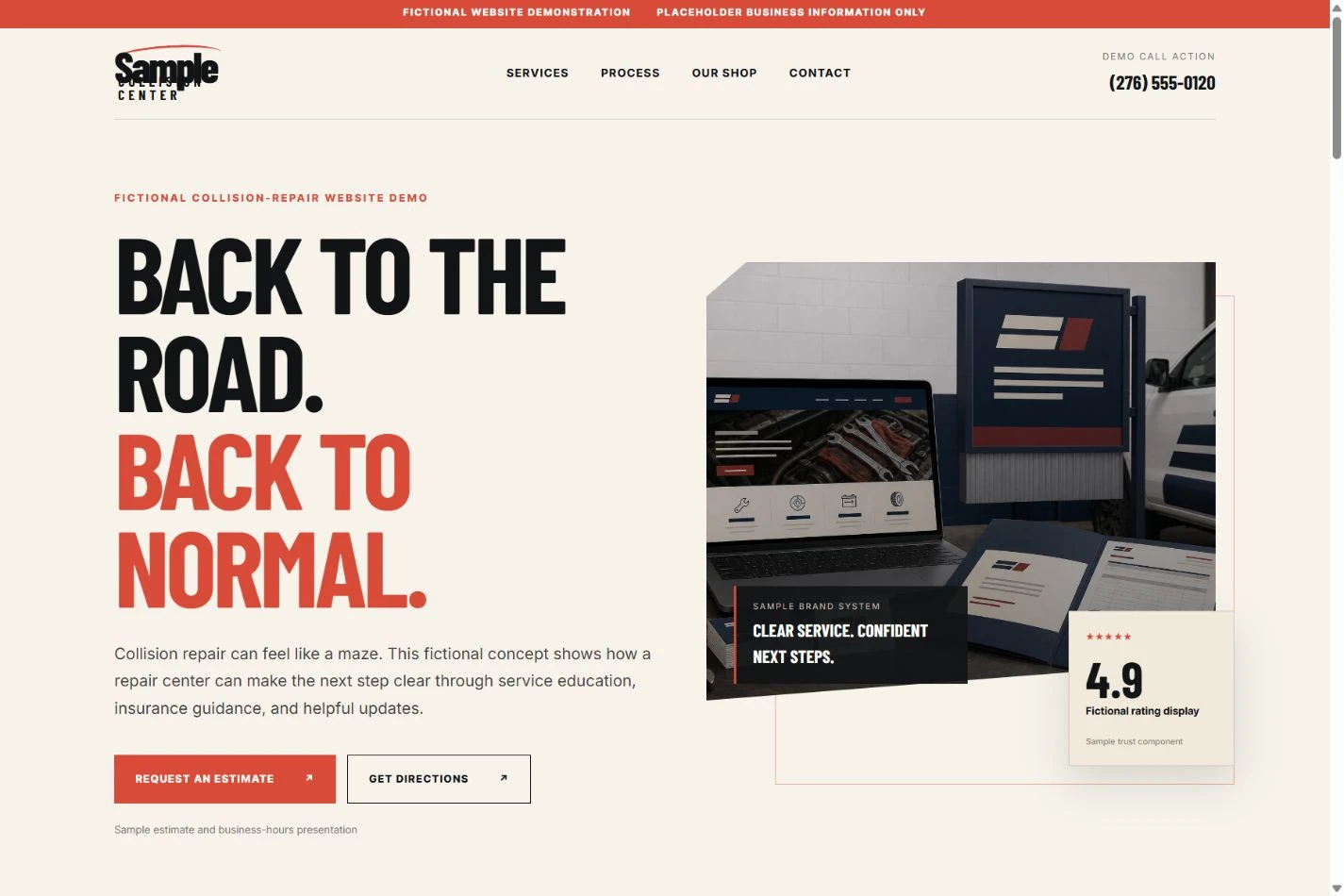 Preview of the fictional Sample Collision Center website