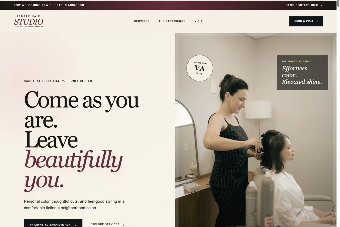 Preview of the fictional Sample Hair Studio website