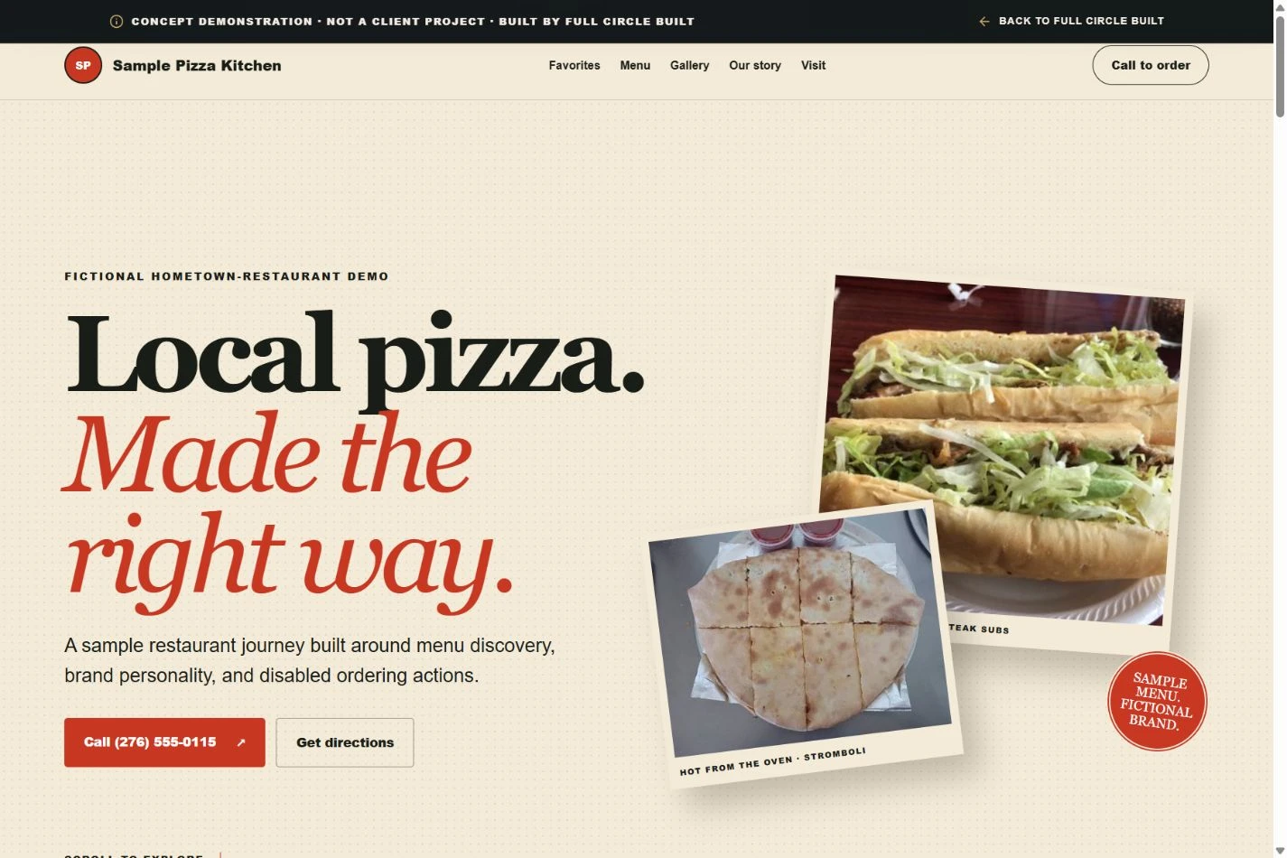 Preview of the fictional Sample Pizza Kitchen website
