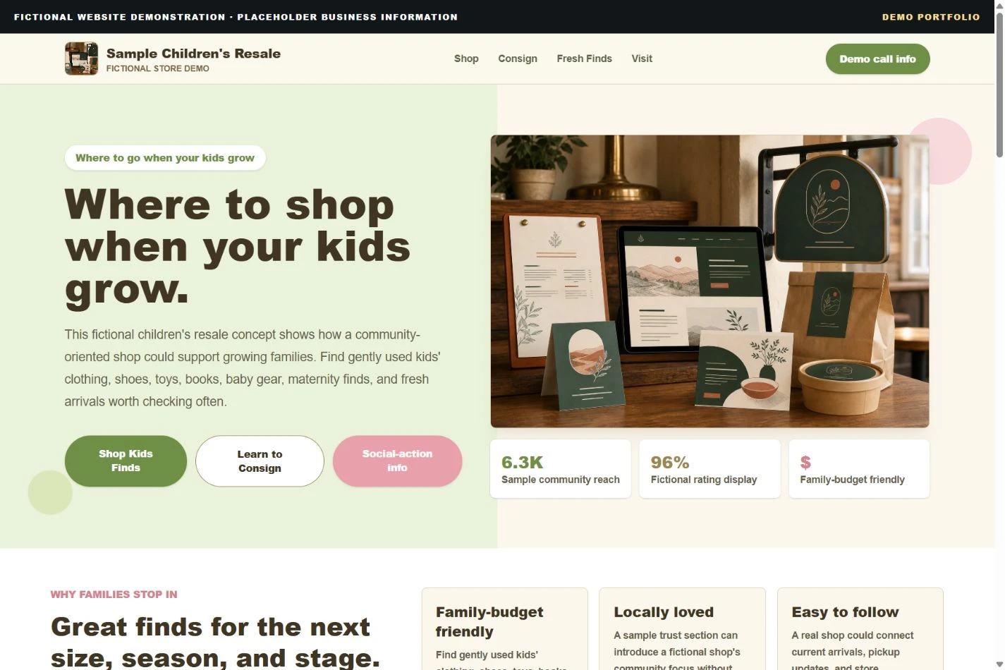 Preview of the fictional Sample Children's Resale website