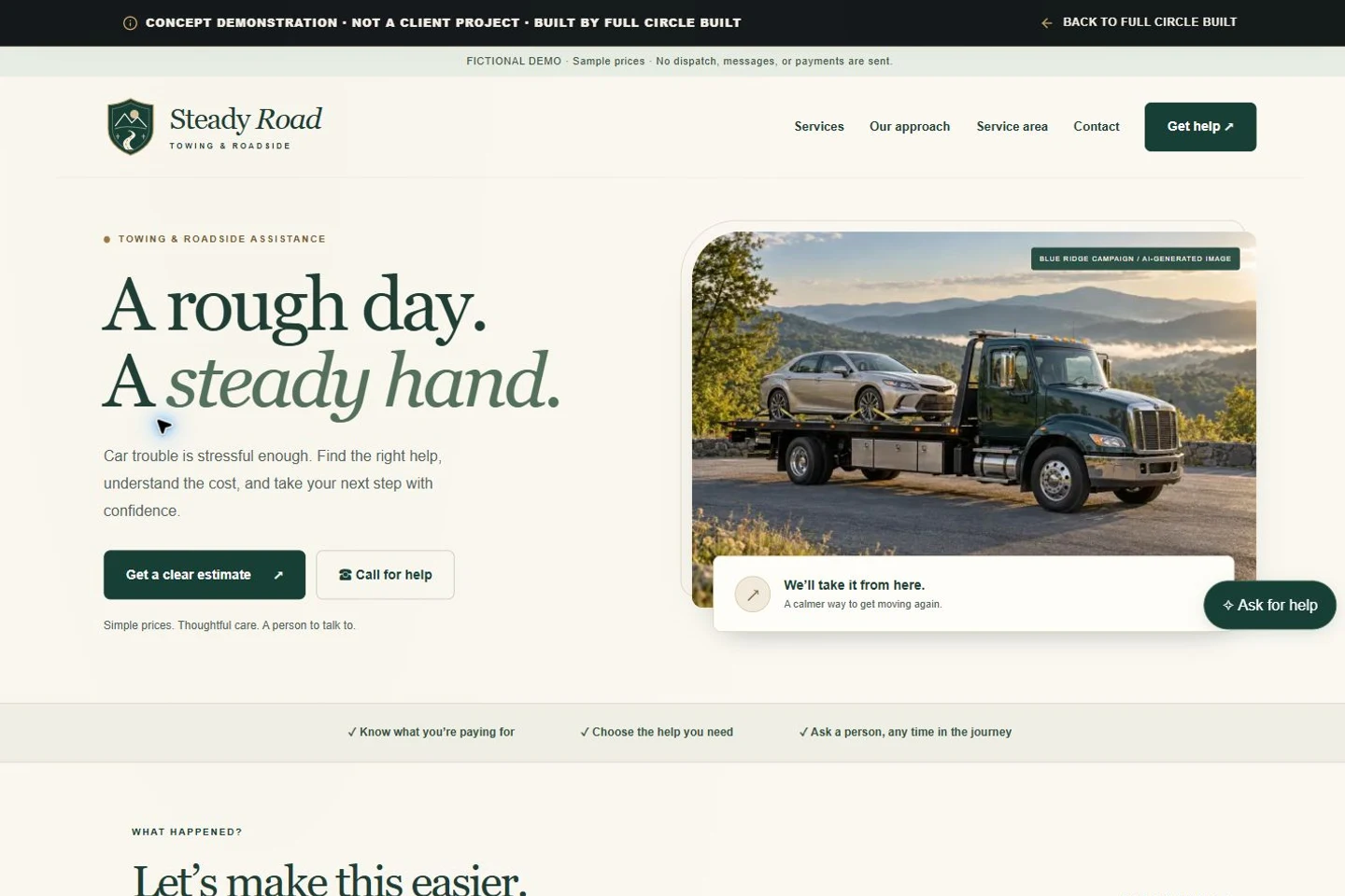 Preview of the fictional Steady Road Towing website