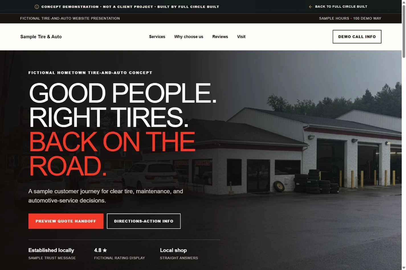 Preview of the fictional Sample Tire & Auto website